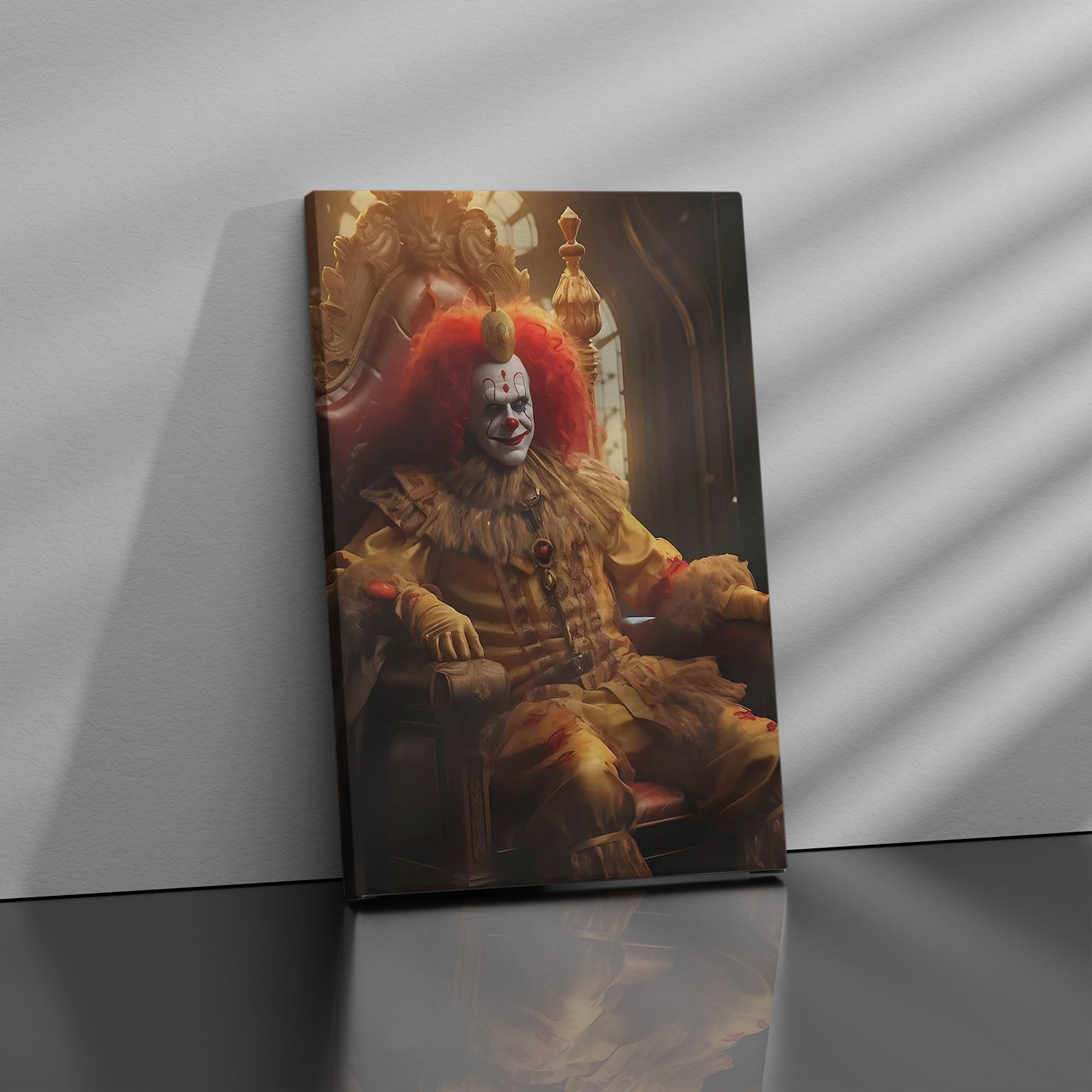 Creepy Clown Sits on His Throne Portrait - High-Quality Canvas Print | Custom Photo Canvas Print, Also Custom Canvas Prints with Your Photos