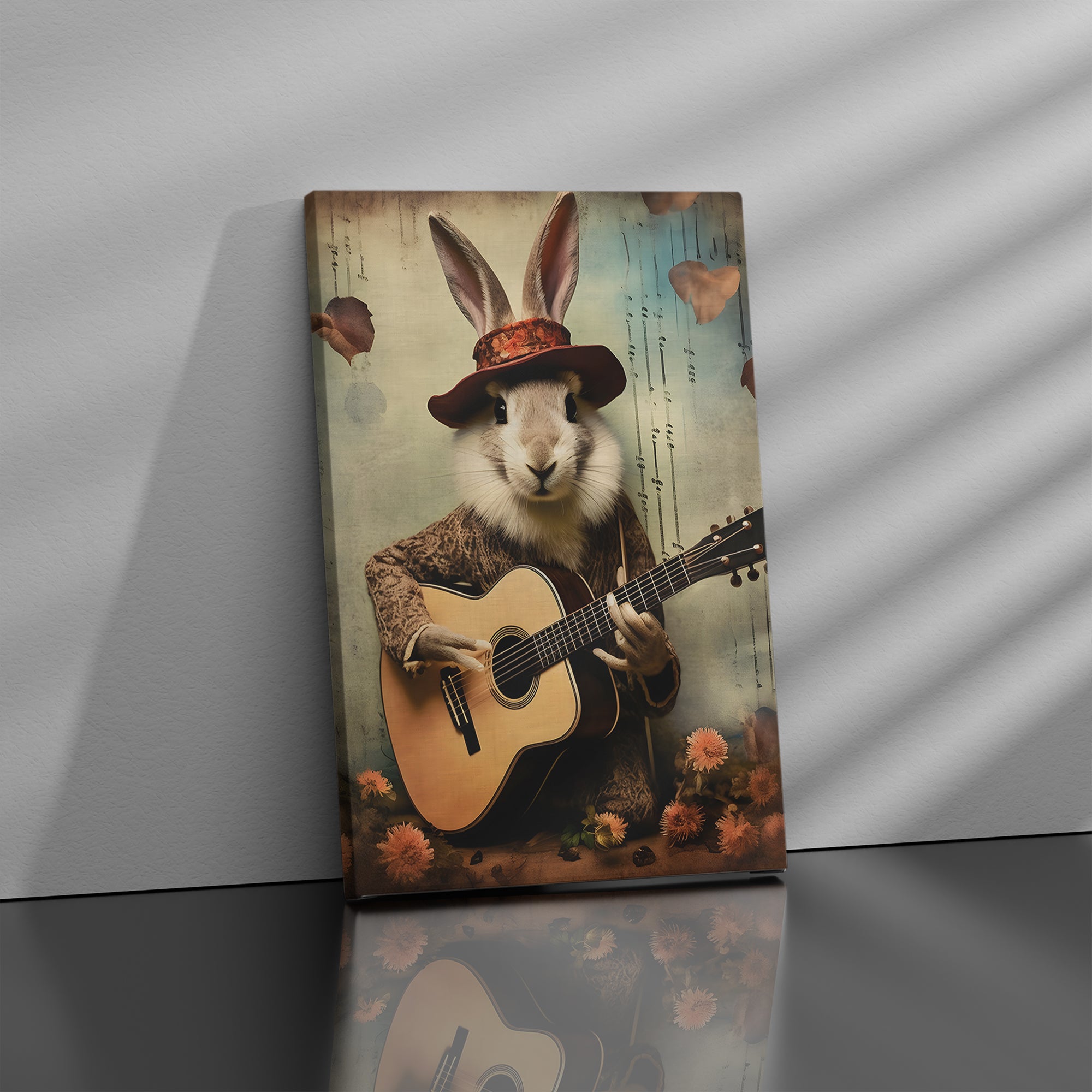 Rabbit Playing Guitar Vintage Portrait - High-Quality Canvas Print | Custom Photo Canvas Print, Also Custom Canvas Prints with Your Photos